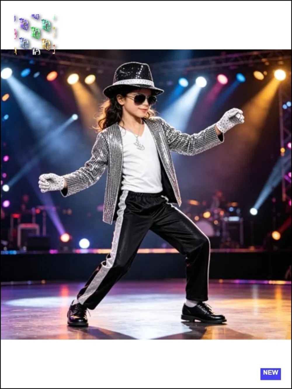 Kids 80s 90s Pop Dance Star Costume with Sequin Jacket Hat, Gloves, Sunglasses,